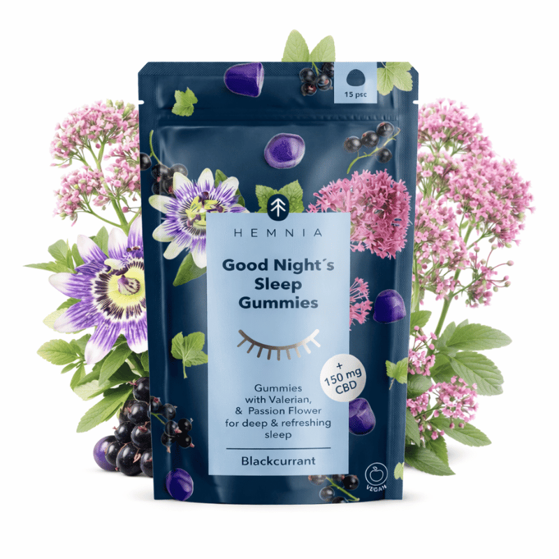 Gummies CBD 150mg, Valerian 465mg & Passiflora incarnata 315mg "Good Night's Sleep" Cassis x15 - Hemnia
