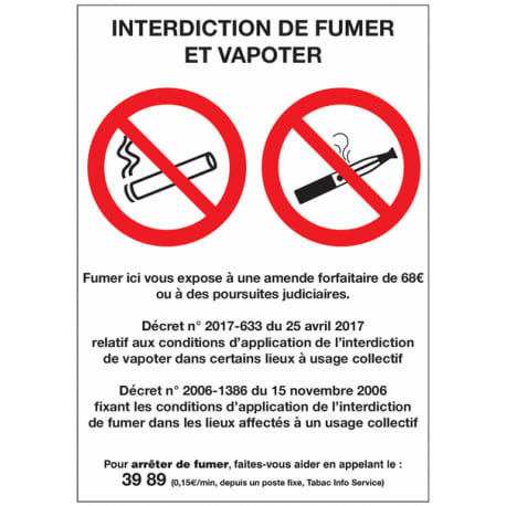 Affiche interdiction de fumer et vapoter
