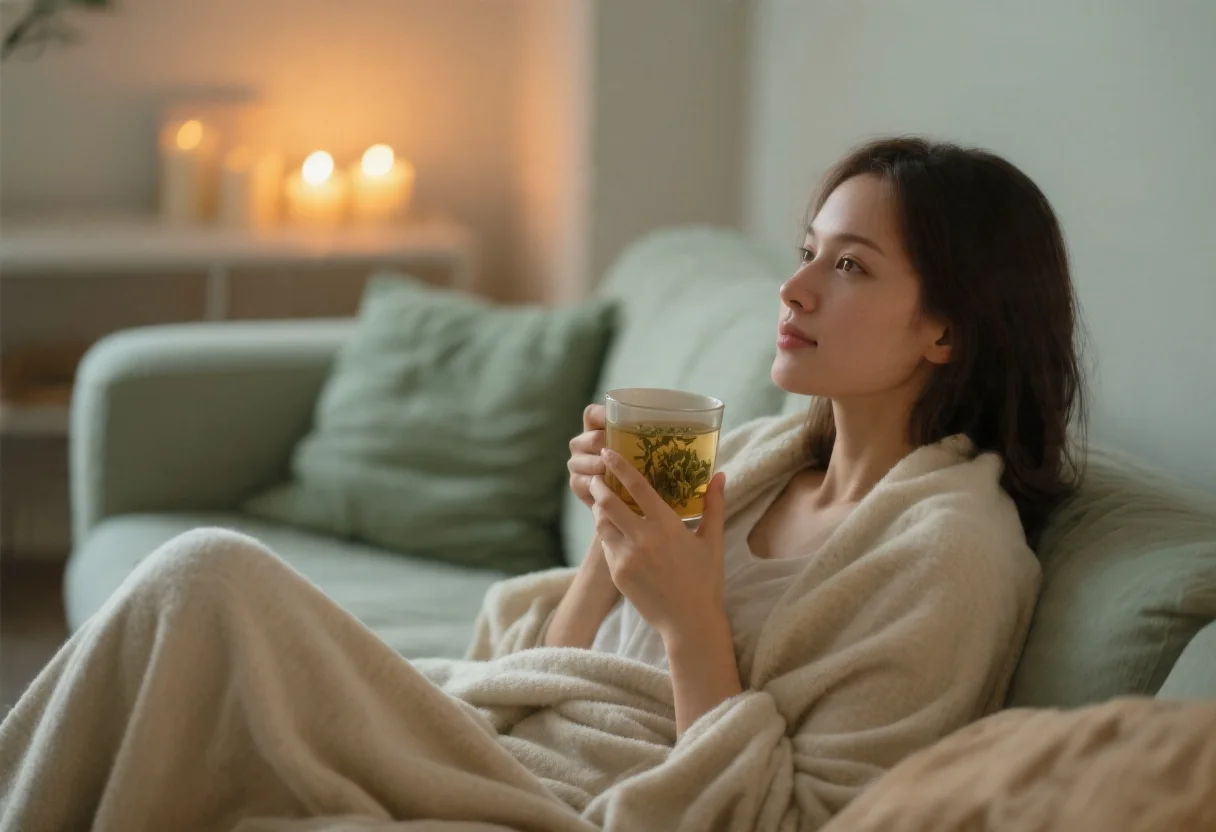 Femme se détendant avec une tisane CBD le soir