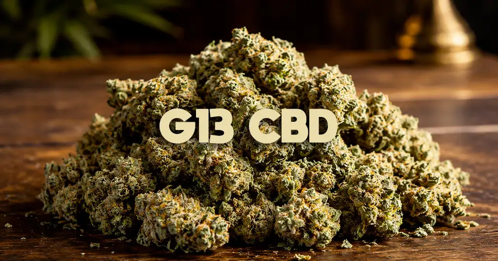 Fleur de G13 CBD en gros plan : buds denses, olive foncé, très givrés de trichomes, pistils ambrés