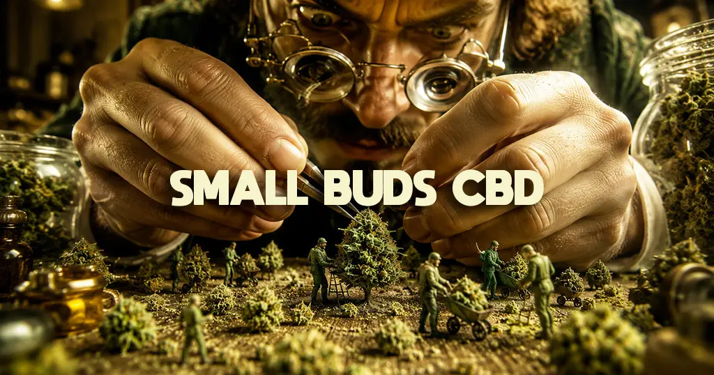 Petites fleurs de CBD (small buds) sur un plan de travail en bois