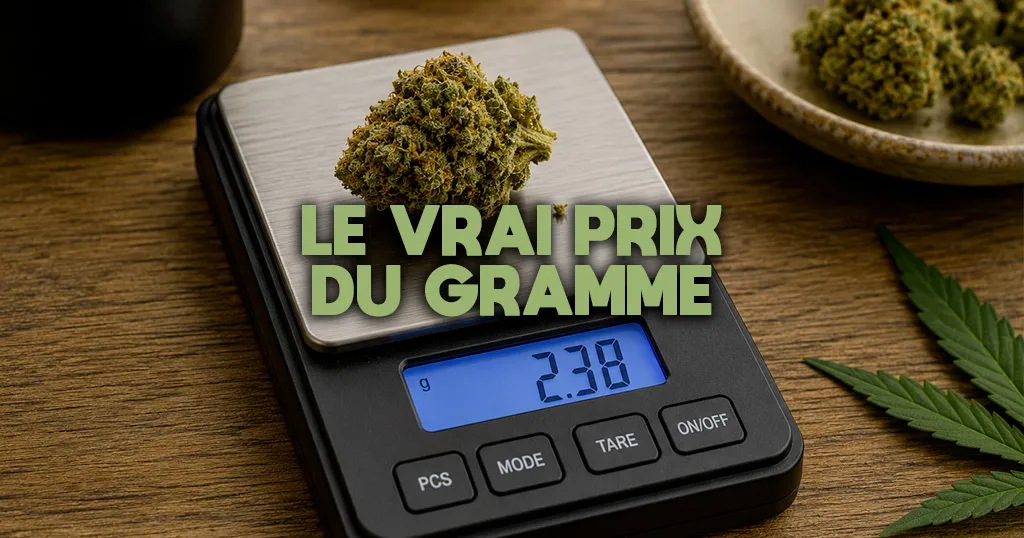 Balance de précision avec une fleur de chanvre posée sur le plateau, lumière naturelle