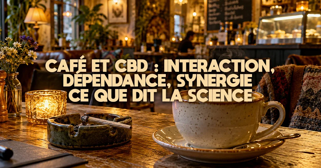 Tasse de café noir posée sur une table en bois à côté d’un petit bocal de fleurs de chanvre