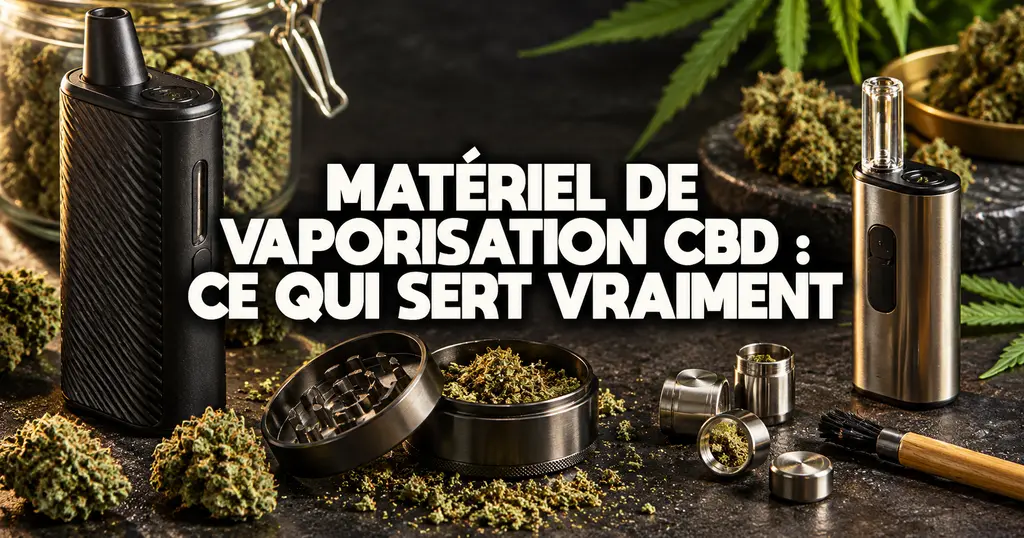 Vaporisateur portable posé à côté d’un grinder et d’un bocal de fleurs de chanvre