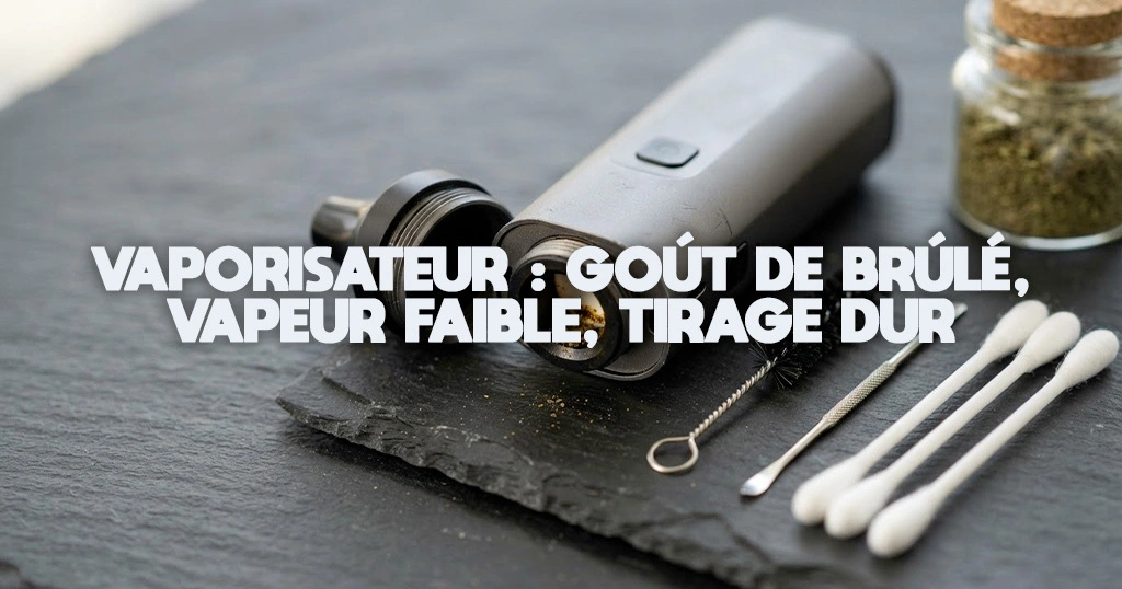 Vaporisateur ouvert avec sa chambre de chauffe visible, posé à côté d’une brosse de nettoyage