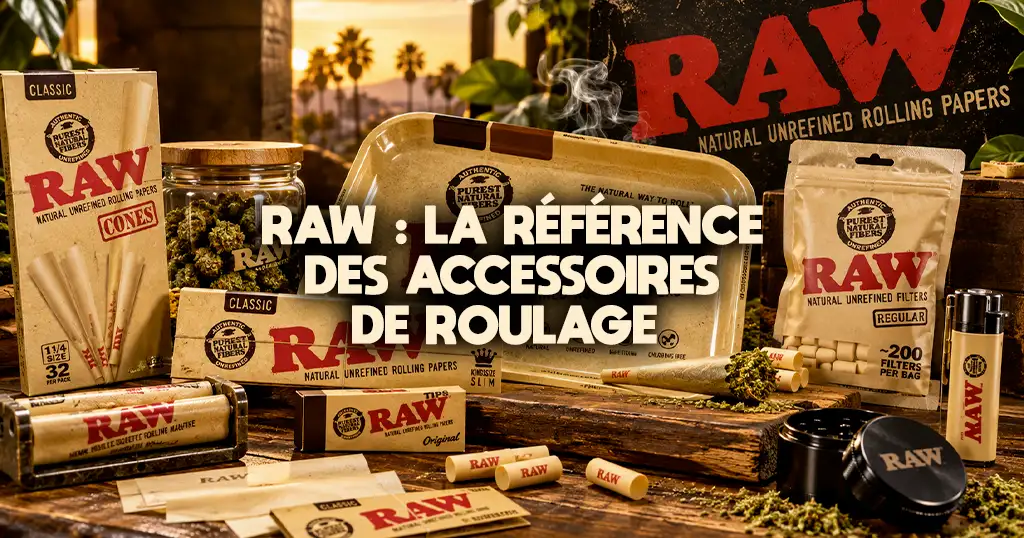 Carnets de feuilles RAW Classic et Black, cônes pré-roulés et plateau à rouler posés sur une table en bois