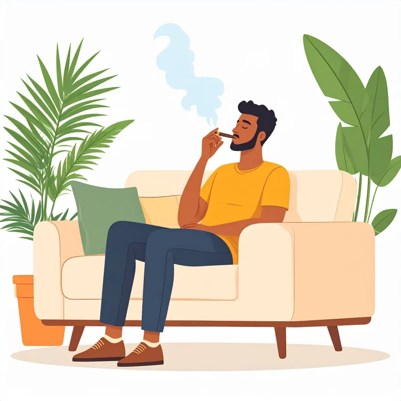 Un homme qui fume un joint sur son canapé
