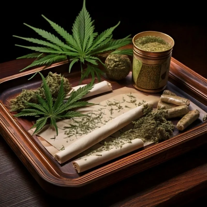 Firefly_Un-plateau-sur-lequel-est-disposé-du-CBD-et-des-feuilles-à-rouler-71300 Plateau cannabis et feuilles à rouler